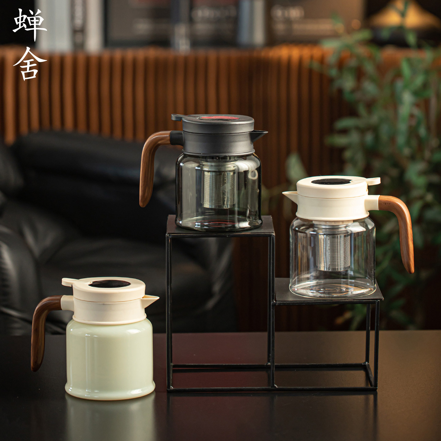 蝉舍智能显温玻璃泡茶壶透明耐热玻璃木柄焖茶壶办公室家用焖茶器
