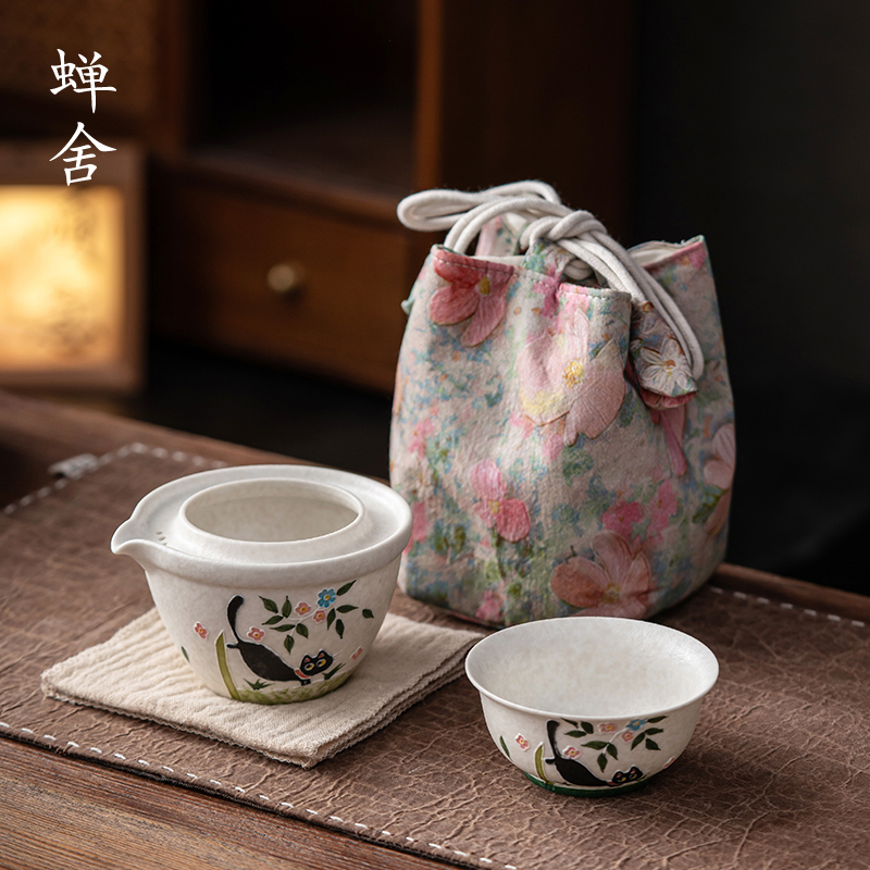 蝉舍手绘猫咪一壶一杯旅行茶具