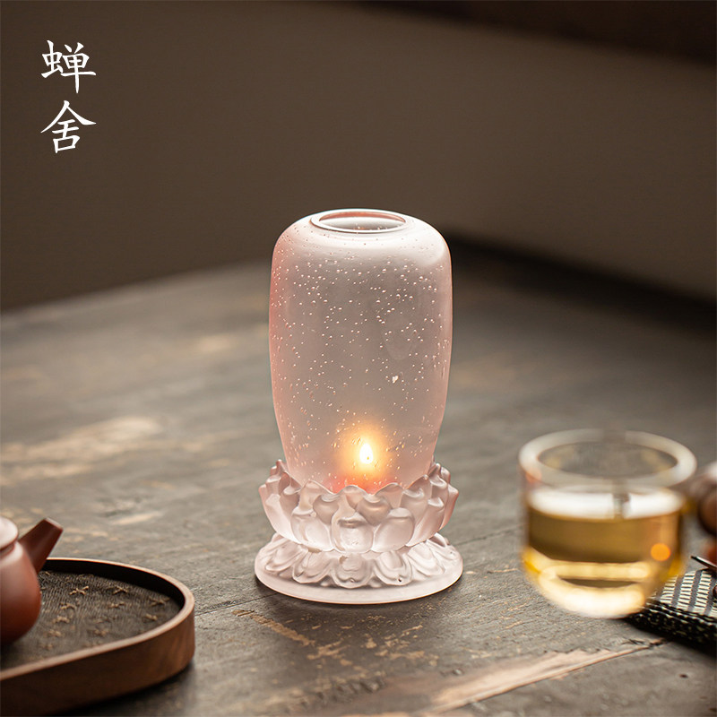 蝉舍莲花琉璃烛台古风桌面茶室茶桌装饰摆件中式家用茶道琉璃灯罩