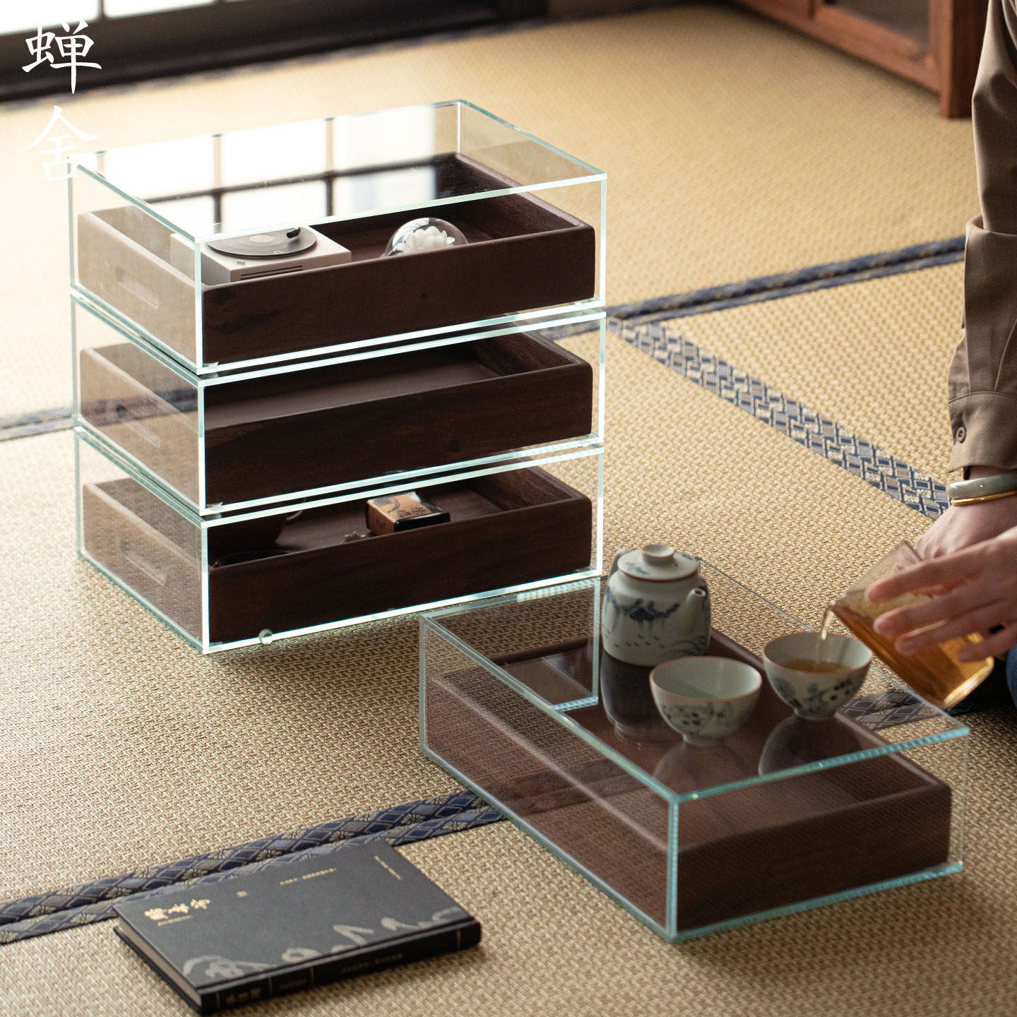 蝉舍胡桃木玻璃收纳柜桌面茶具架实木中式复古茶具收纳木质置物架,餐饮具,茶具架,淘宝优惠券,粉丝福利购,淘宝优惠卷