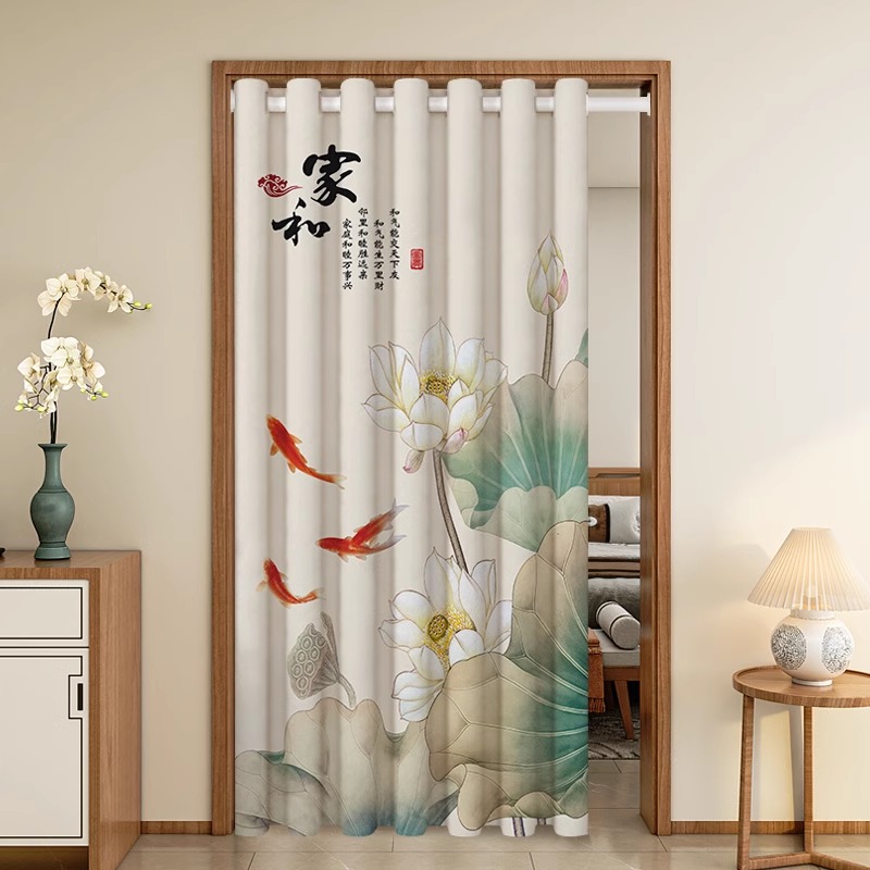 中式荷花门帘隔断帘卧室房间家用免打孔遮挡帘空调防冷气挡风布帘
