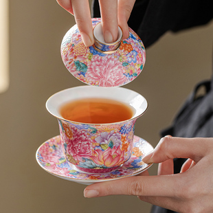 珐琅彩三才盖碗茶杯高档礼盒陶瓷功夫茶碗单个敬茶碗家用茶具礼品