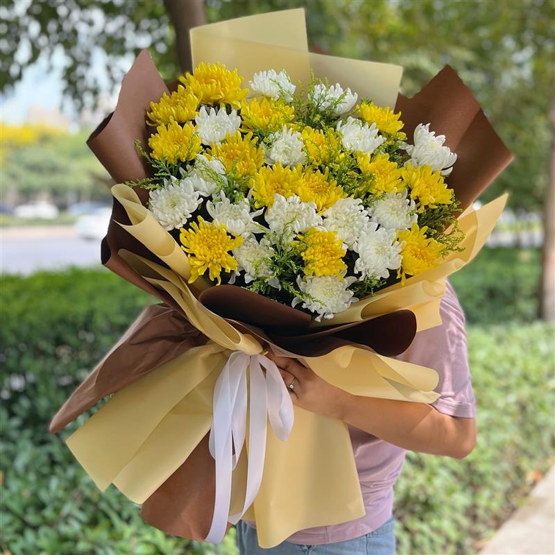 西安鲜花花店同城速递清明节黄白菊花花束花篮祭奠哀悼扫墓送花