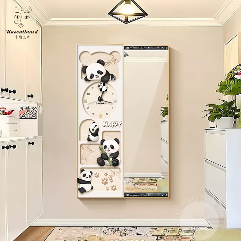 奶油风熊猫全身镜客厅装饰画可推拉玄关钟表挂画卧室隐藏穿衣镜子