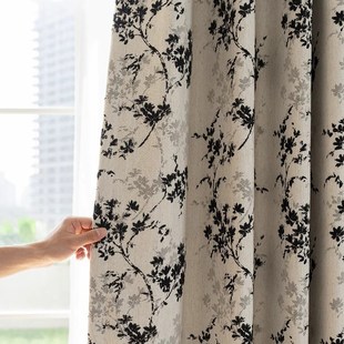 2024年新款 复古提花窗帘遮光卧室客厅阳台定制 海棠黑白中古风法式