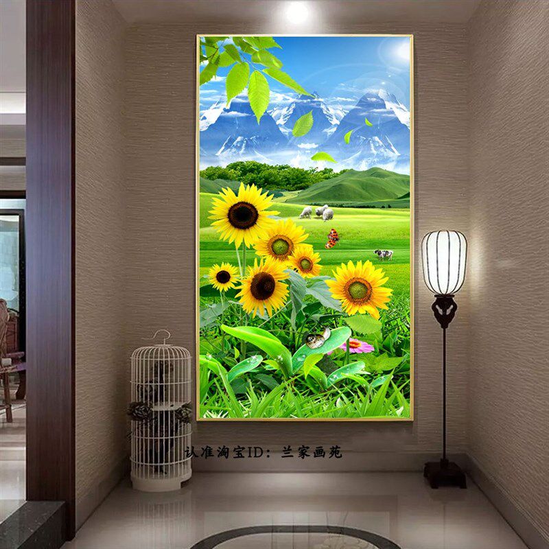高档走廊装饰画向日葵蓝天白云玄关画晶瓷画竖版太阳花草原风景画