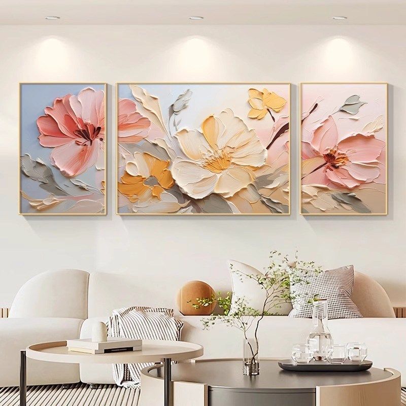 奶油风花卉客厅装饰画高级感大气沙发背景墙壁画抽象油画三联挂画
