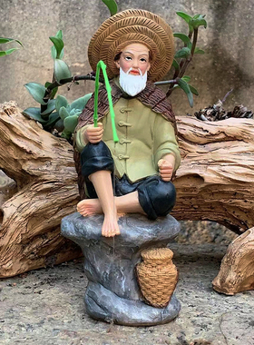 姜太公钓鱼摆件鱼缸鱼池水塘造景饰品橱窗玄关办公桌茶宠树脂艺品