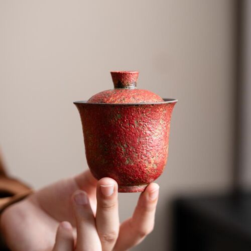 老岩泥满山红赭石釉盖碗 悬停盖碗单个高档泡茶功夫茶具岩茶盖碗