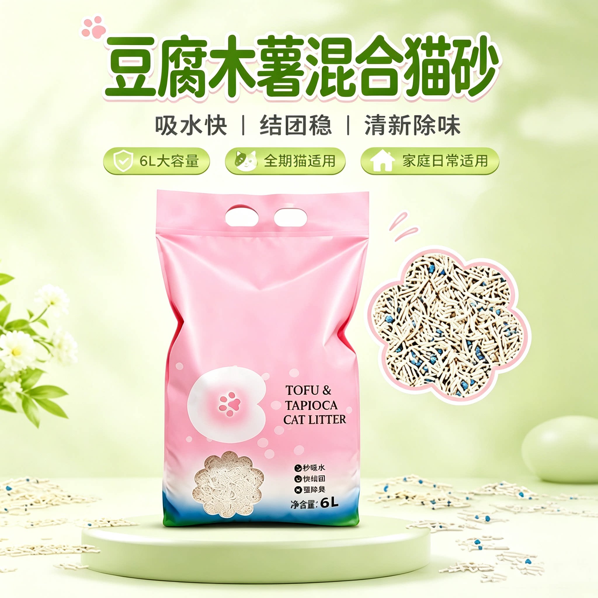 豆腐木薯混合猫砂6L吸水结团