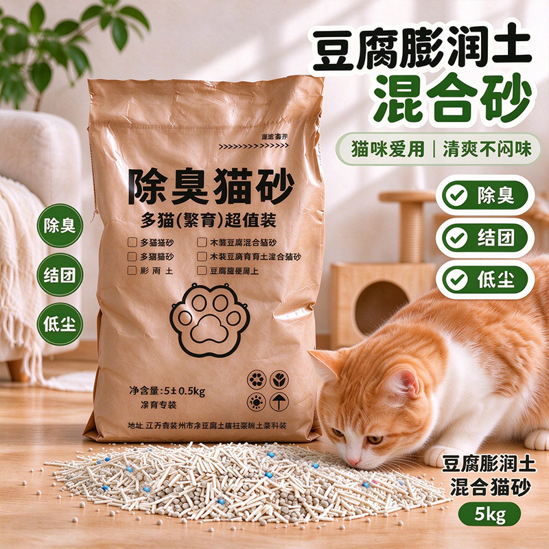 豆腐膨润土混合猫砂5kg除臭结团
