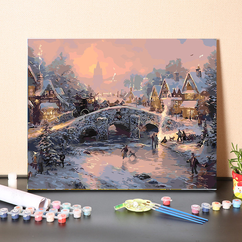 数字油画diy手工填充冬天城市雪景手绘消磨时间画画涂色油彩画