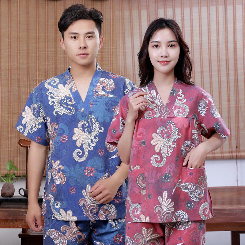合逸衣 男女棉麻印花汗蒸服桑拿服 酒店浴场浴衣按摩服足浴服CM06