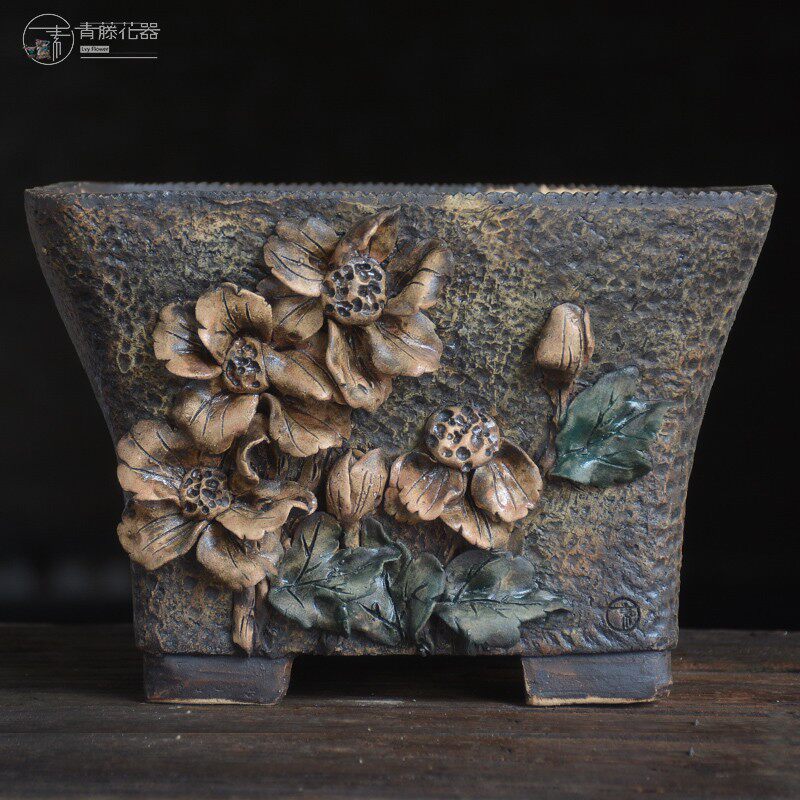 青藤花器乌木专用方口大盆粗陶复古手捏手绘透气群生东云多肉花盆