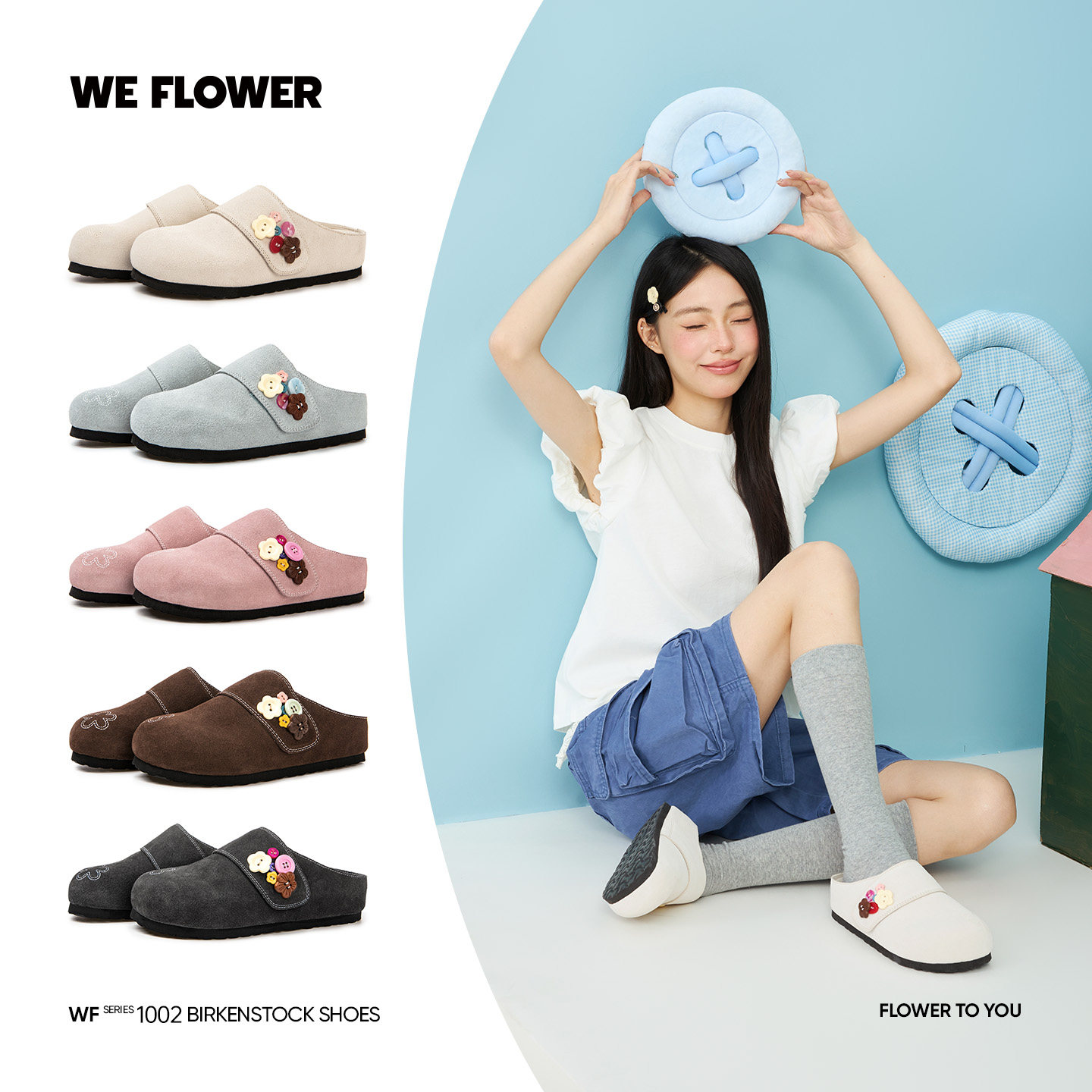 we flower增高扣扣勃肯鞋女款夏季厚底懒人一脚蹬包头半拖鞋