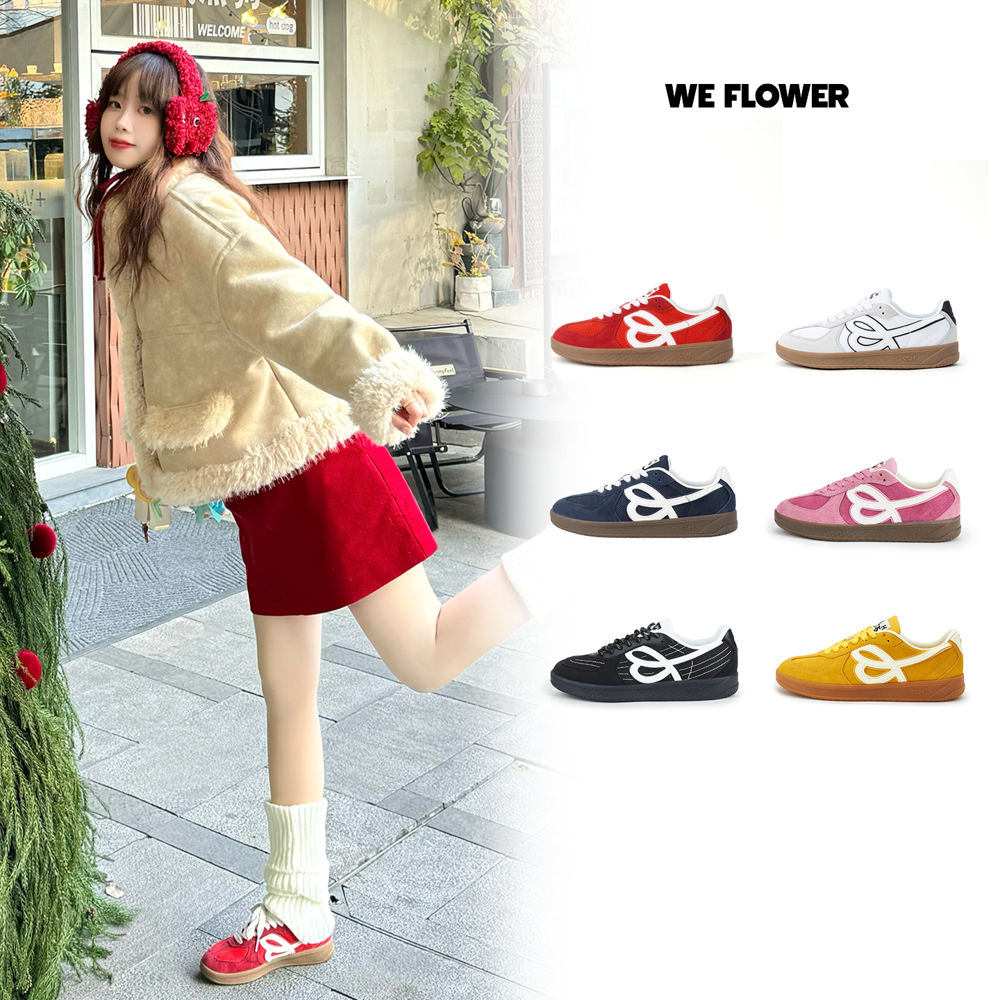 WeFlower&HBD联名款2026新品红色德训鞋男女款复古透气板鞋女,女鞋,德训鞋,淘宝优惠券,粉丝福利购,淘宝优惠卷