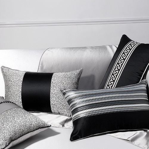 中式古典沙发抱枕黑灰银色条纹腰枕酒店样板间飘窗大靠背靠枕靠垫