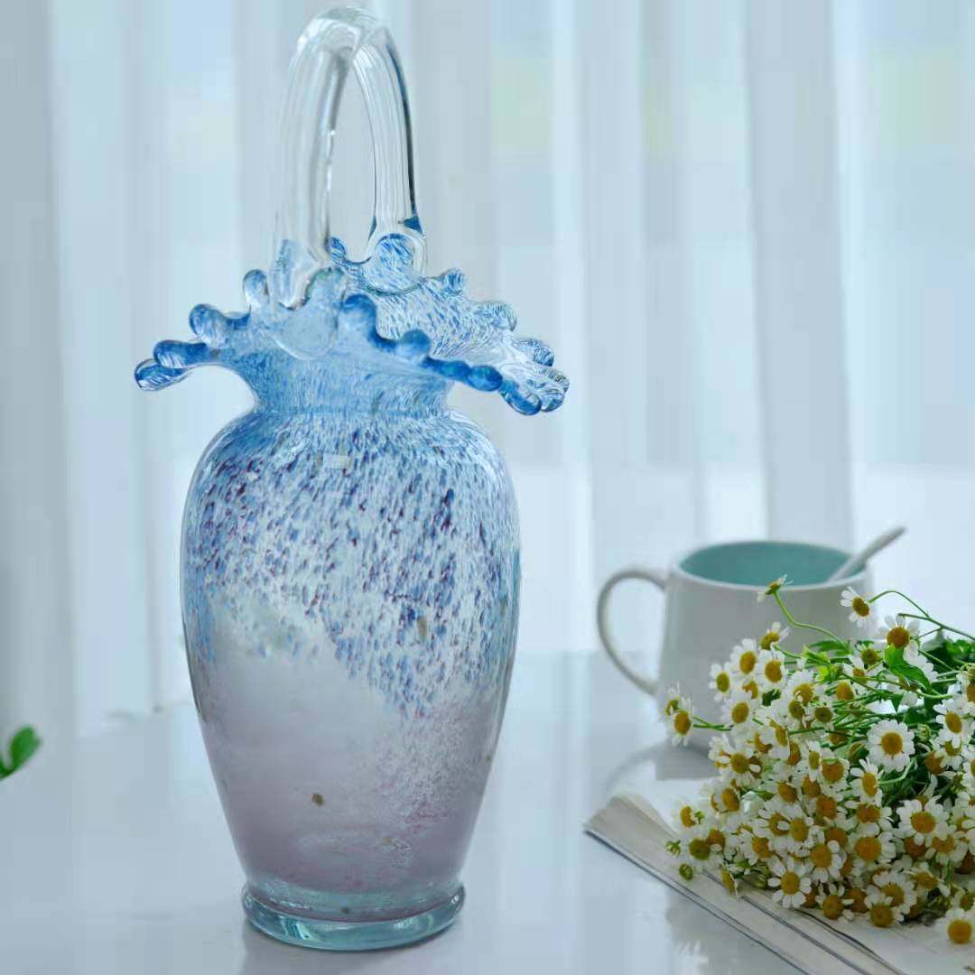 纯手工制作波浪卷边水滴瓶口绿色洒金手提篮子花瓶水养插花器摆件