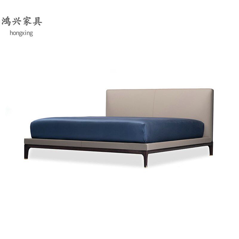 传世黑胡桃木皮艺双人床现代纯实木卧室方形1.8米婚床样板房家具