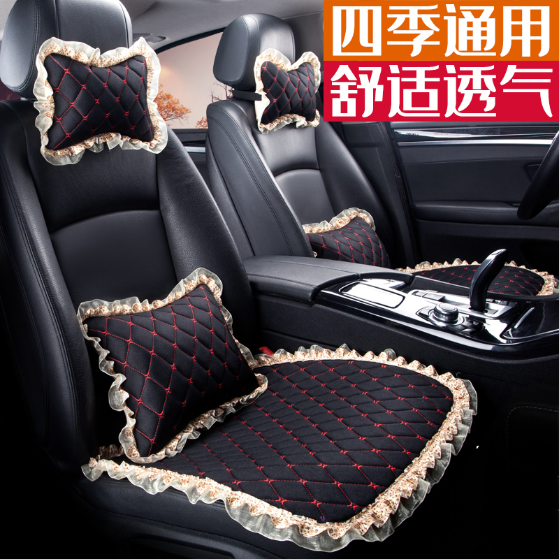 汽车坐垫三件套热卖亚麻无靠背冬季男女蕾丝布艺防滑四季通用座垫