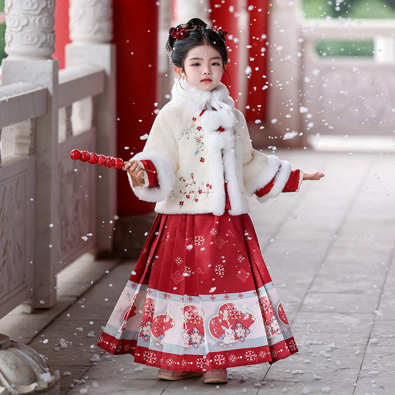 汉服女童秋冬季2025新款儿童中国风唐装古风女孩冬装加厚套装裙子