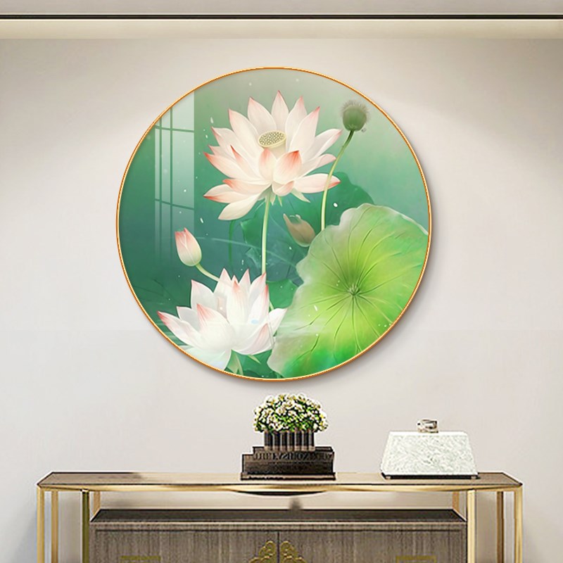 现代简约荷花挂画入户玄关圆形装饰画客厅茶室走廊过道尽头墙壁画图片