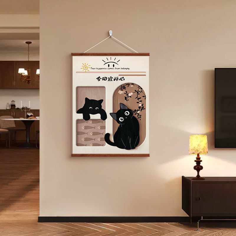 中古风猫咪电表箱装饰画卧室儿童房墙面遮丑挂件复古餐厅布艺挂画图片