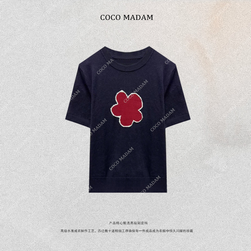 NIUNIU ·T-2294 通勤气质圆领花朵提花毛针织短袖女款