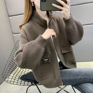洋气 外穿百搭韩版 立领毛呢短外套女2024秋冬新款 针织宽松上衣时尚