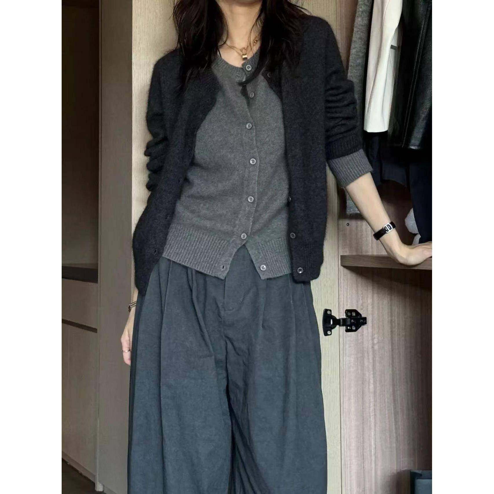 100%美丽诺羊毛开衫女秋冬灰色假两件针织衫高级感老钱风毛衣外套