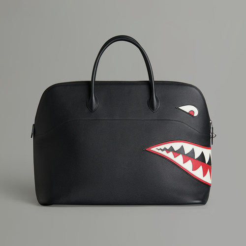 鲨鱼包男士黑色牛皮撞色手提包