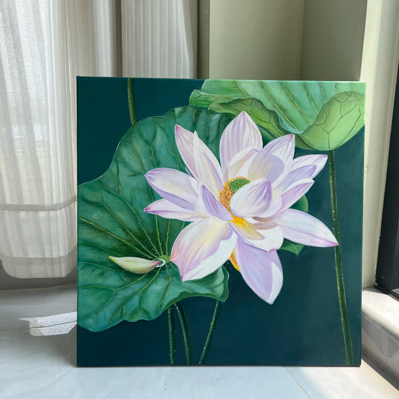 好运连连中古风客厅方形装饰艺术新中式画餐厅荷花荷叶玄关挂画图片