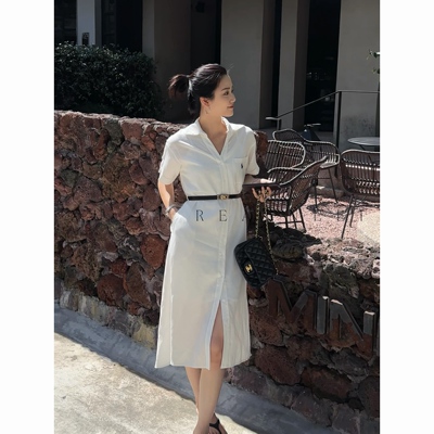 许怡【RL衬衫裙】拉夫极简天丝麻刺绣衬衫连衣裙套装女22472