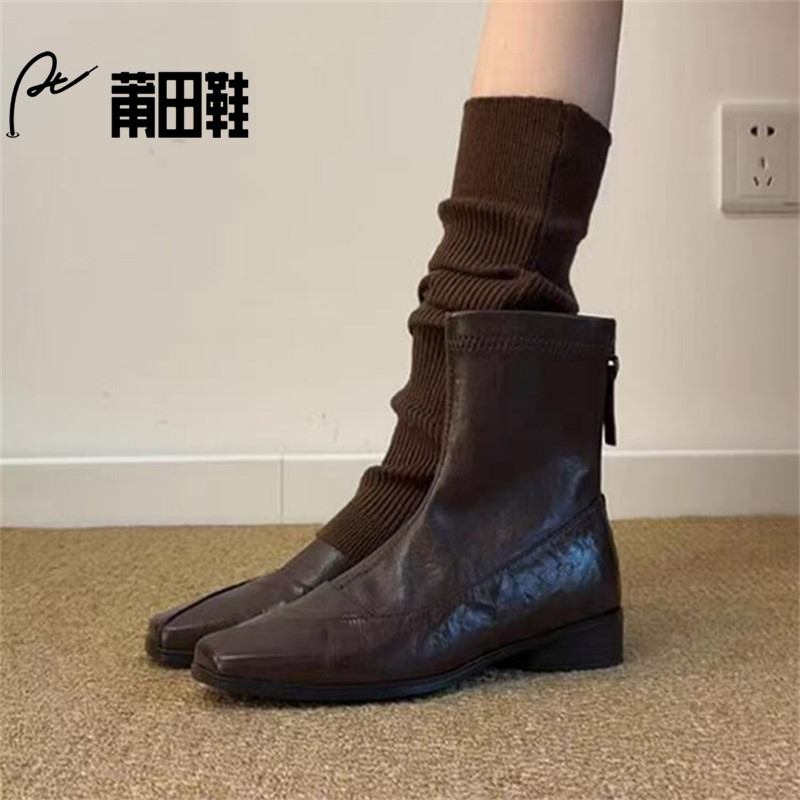 莆田鞋高品质时尚气质方头低跟瘦瘦靴女复古通勤百搭后拉链马丁靴,女鞋,弹力靴/袜靴,淘宝优惠券,粉丝福利购,淘宝优惠卷