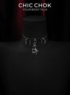 CHICCHOK蚀梦独角项圈独角兽骨骼吊坠真皮尖刺项链黑色哥特风设计