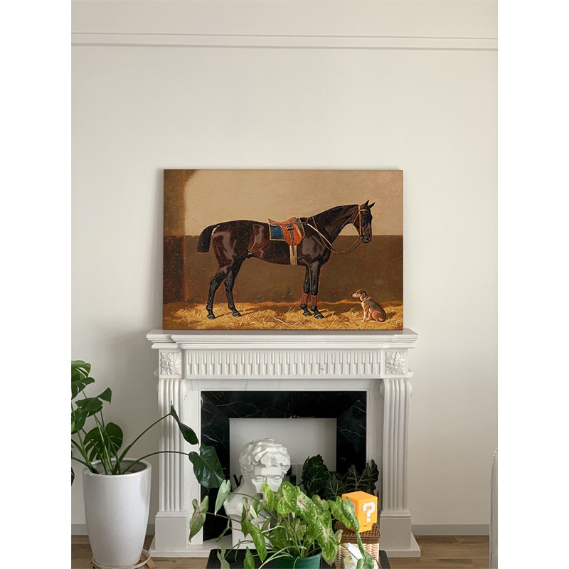 中古风小马驹手绘油画客厅动物装饰画摆件玄关复古侘寂风横板挂画