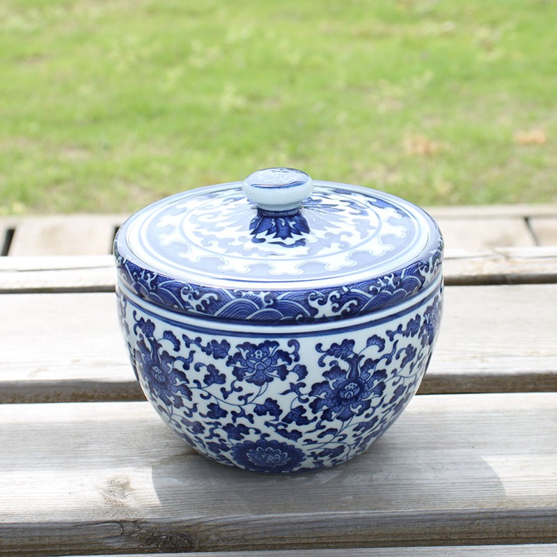 仿古青花瓷 储物罐 茶叶猪油缸有盖 青花缠枝莲缸面粉酿米酒糟