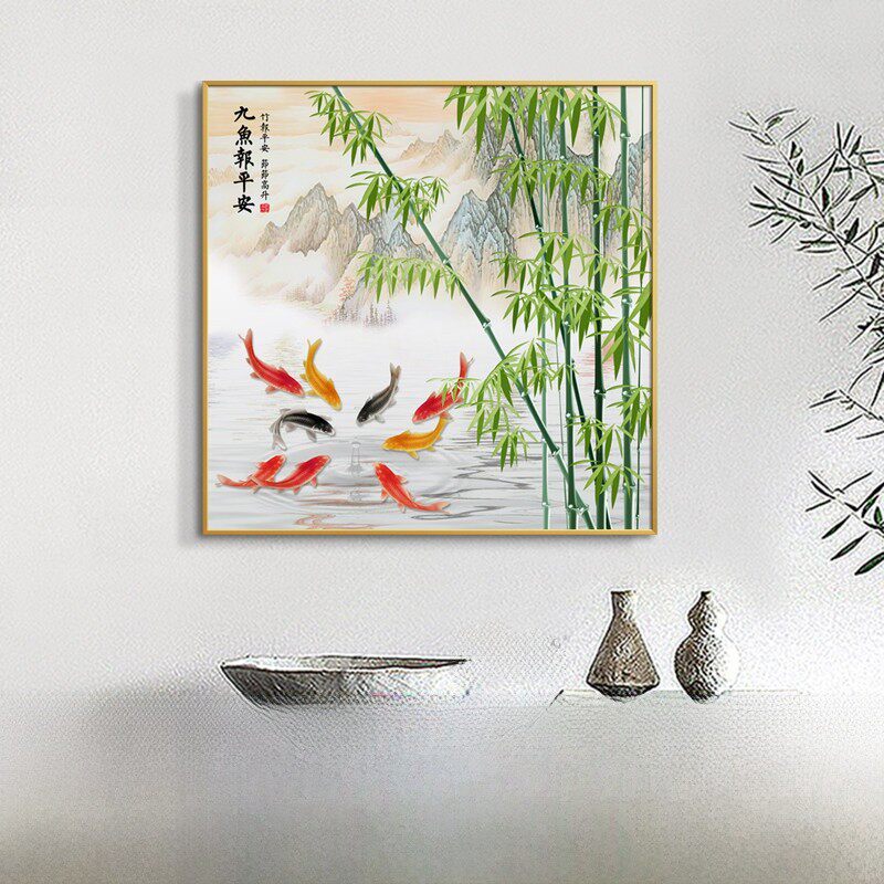 竹子九鱼图客厅侧面墙新中式房间挂画小尺寸餐厅装饰画铝合金方形