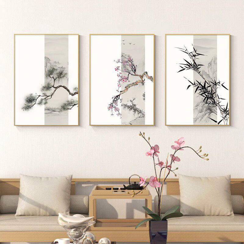 新中式茶室装饰画书房客厅餐厅玄关挂画岁寒三友国风酒店包厢画