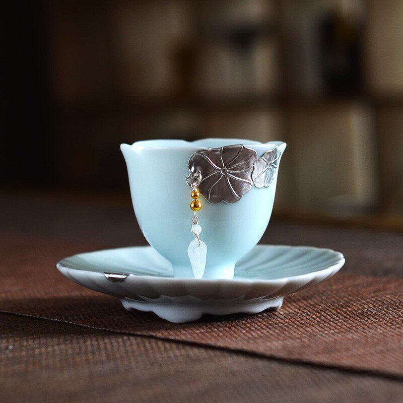 宋风茶杯陶瓷主人杯单杯镶银锡坠饰高档杯子功夫茶小茶杯手工喝茶