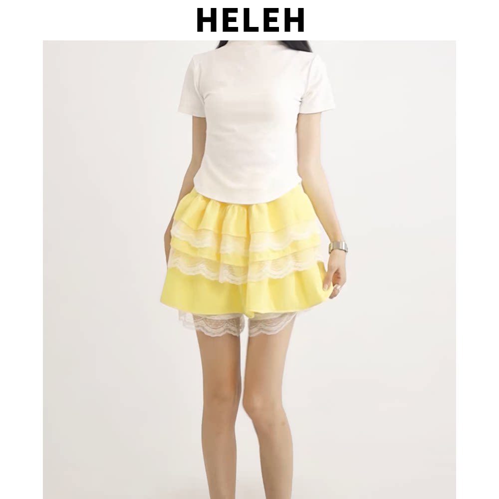 HELEH甜美夏天柠檬黄蛋糕半身裙女修身显瘦A字内衬蓬蓬休闲短裙女