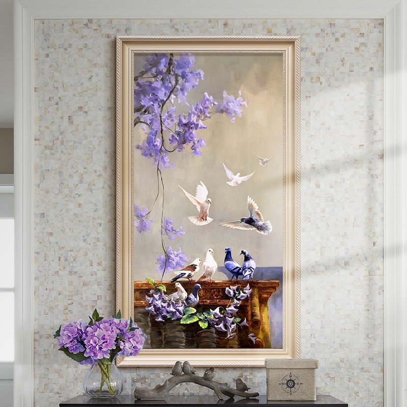 欧式玄关装饰画手绘油画走廊壁画C花卉鸽子挂画餐厅竖版中式画定图片
