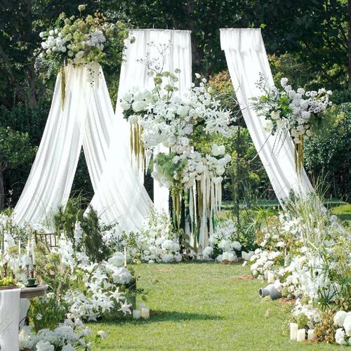 森系婚礼布置f雪纺纱婚庆舞台背景区迎宾布置吊顶装饰户外布置纱