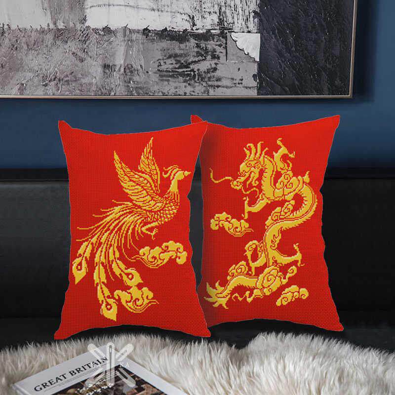 2022新款线绣十字绣抱枕婚庆自己绣龙凤呈祥结婚情侣腰枕一对手工