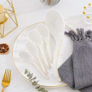 创意金边骨瓷天鹅汤勺饭勺家用长柄中号粥勺陶瓷大号盛汤勺调羹勺