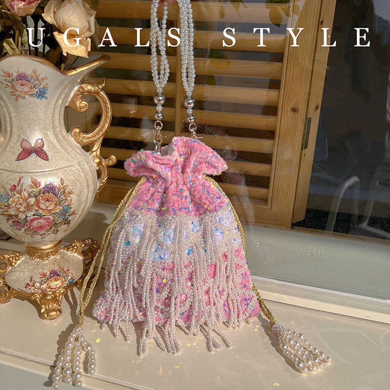 新中式手工编织刺绣流苏串珍珠水桶宴会闪亮珠片腋下斜挎包