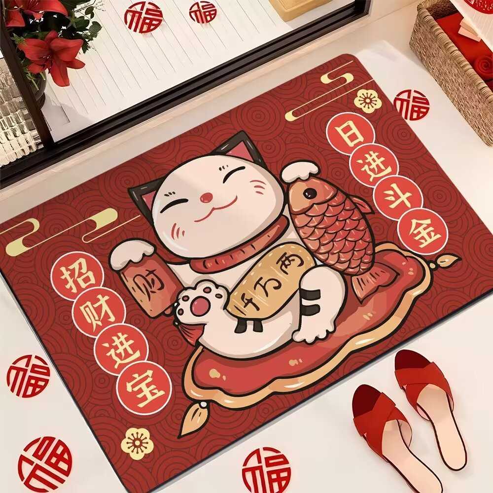 印度尼西亚土家用垫招财猫喜庆红色耐脏玄关防滑垫脚垫门口进门绒