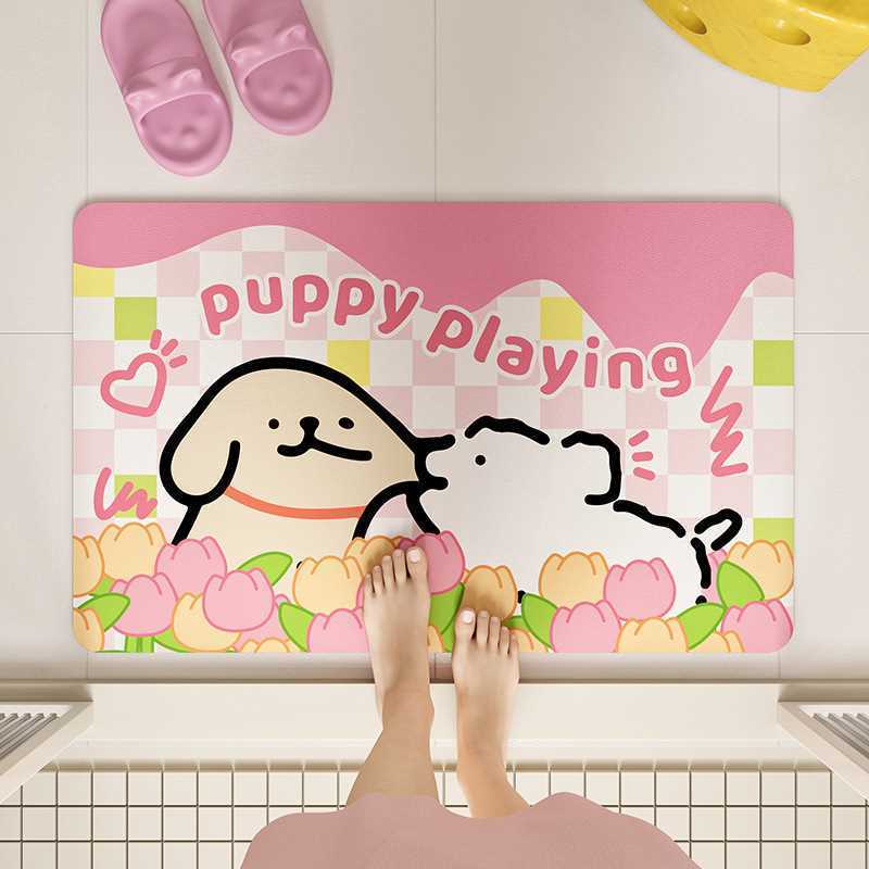 德国垫浴室地垫进门小狗脚垫软泥耐脏厕所卡通硅藻线条防滑卫生间