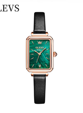 OLEVS欧利时 正品名牌轻奢女士手表女款小绿表皮表带气质女表6624