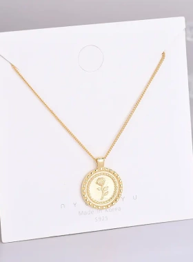 s925纯银韩版圆牌玫瑰项链简约时尚花朵网红锁骨链一件